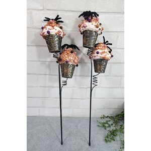 Halloween Spider Picks Wreath Centerpiece Decor 22" Spray Foam Cupcakes 2 Pc NEW